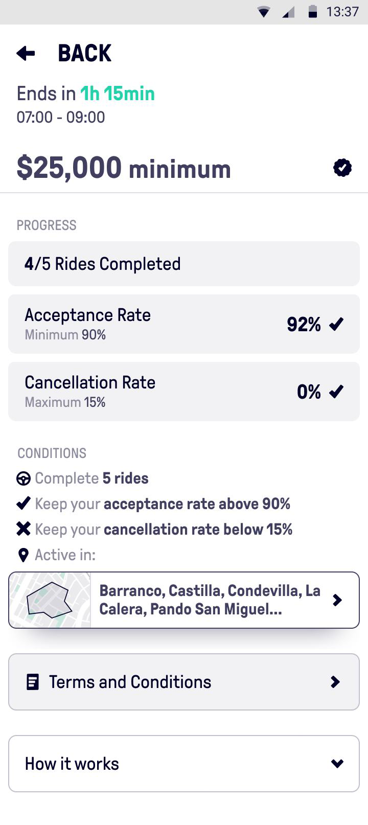 Incentive details screen with requirements and earnings minimum